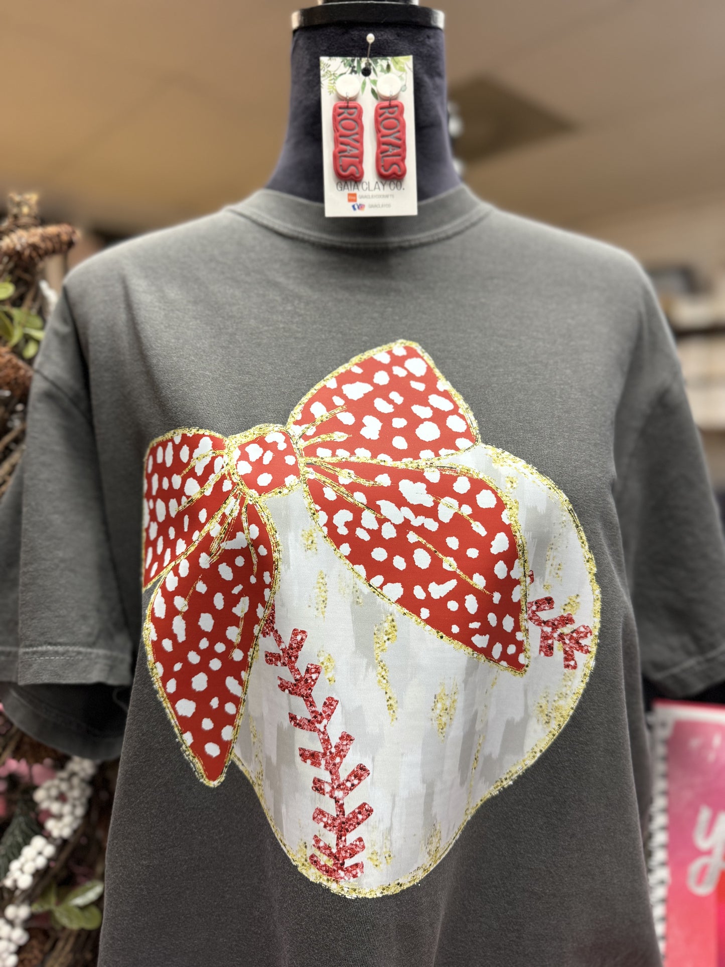 Baseball with bow on pepper comfort color tshirt