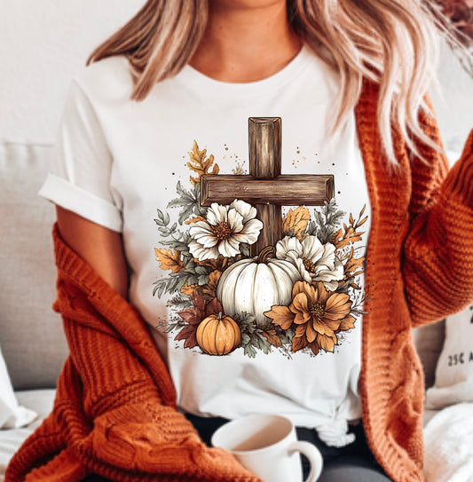 Fall cross with pumpkins tshirt