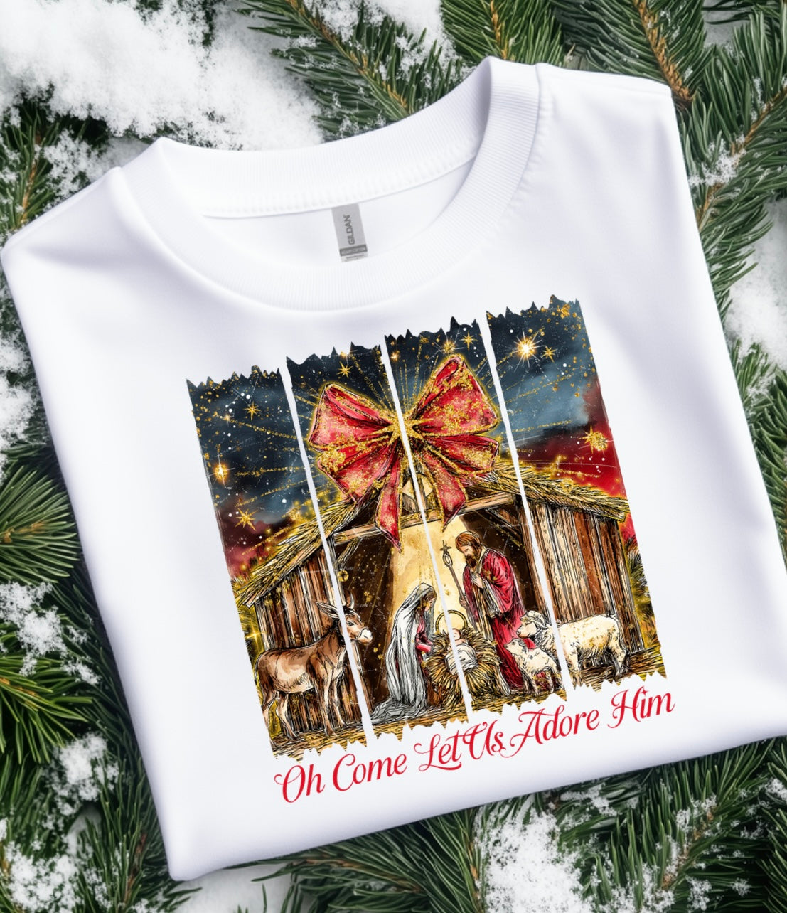 Oh come let us adore him white tshirt